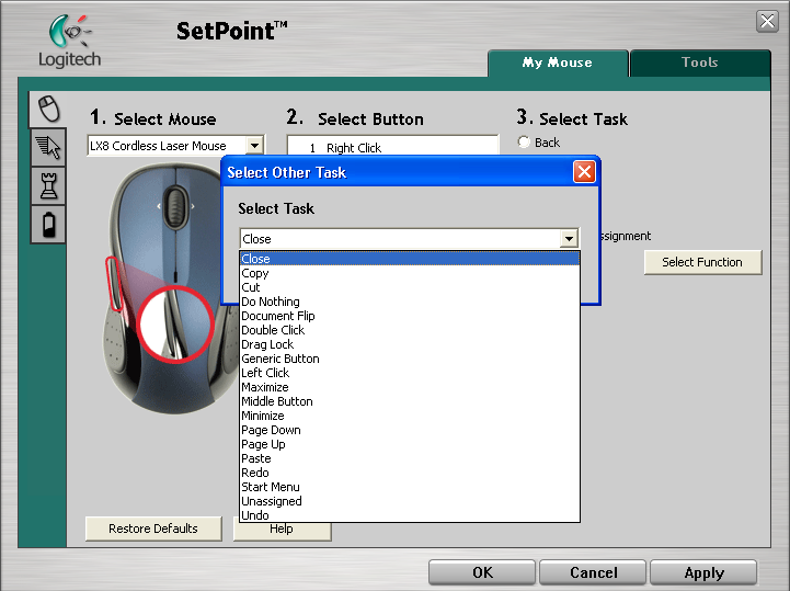 control panel mouse options logitech setpoint